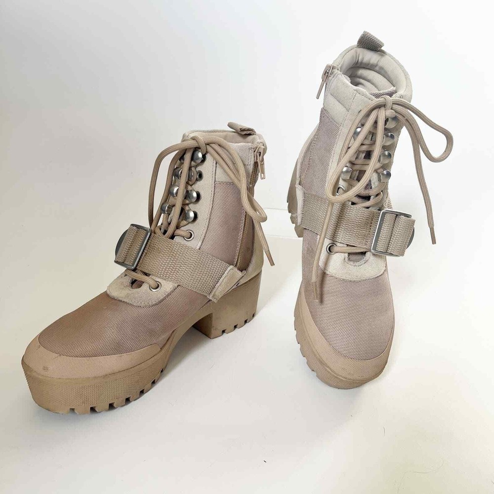 Steve Madden Grady Combat Boots Beige Leather‎ Fabric Lug Sole Womens 7.5M